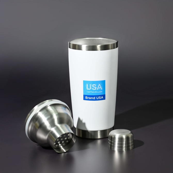 A drink bottle in white with a stainless steel lid and base, featuring a shaker component and a logo.