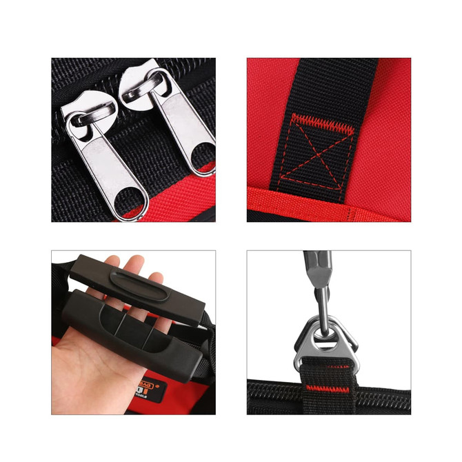 Close-up details of a red wheeled tool bag, featuring zippers, handles, and metal clips. The bag has a sturdy black strap. Close-up details of a red wheeled tool bag, featuring zippers, handles, and metal clips. The bag has a sturdy black strap.