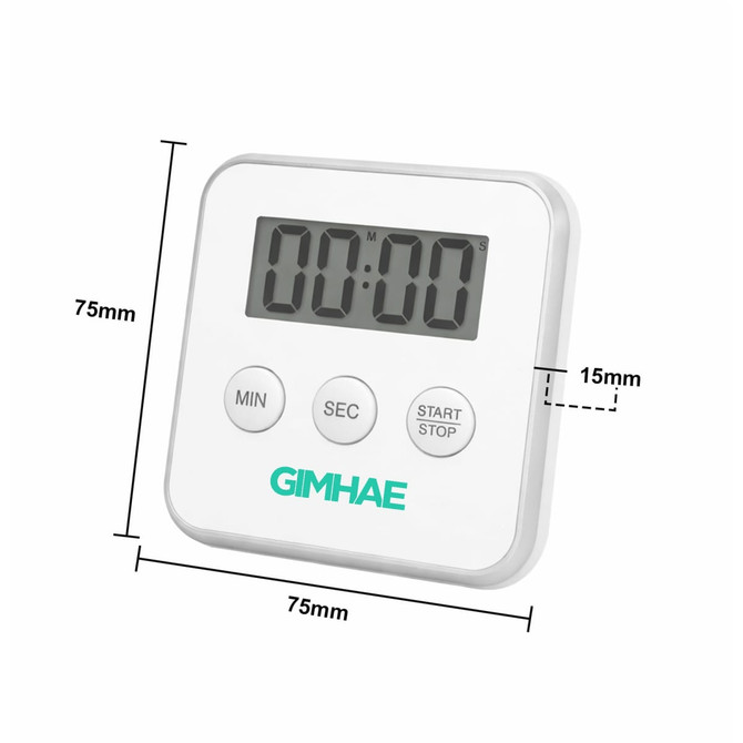 A digital kitchen timer in white with a large display and three buttons. It features a logo on the front.