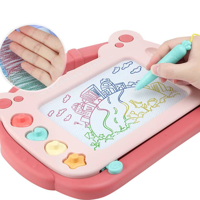 A pink and peach magnetic drawing board with a stand, featuring a screen for colourful drawings and a stylus.