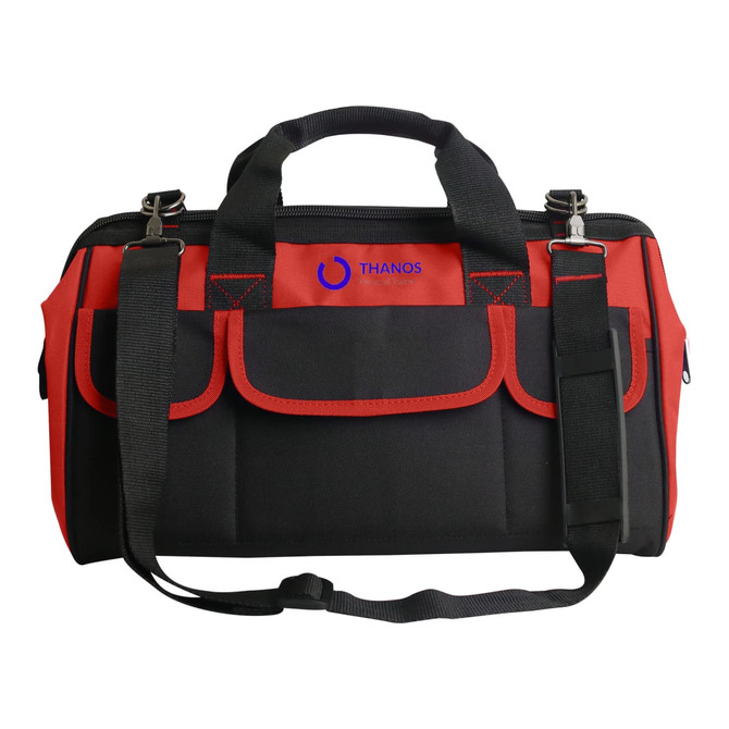 A black and red tool bag with multiple pockets and a detachable shoulder strap, featuring a logo. A black and red tool bag with multiple pockets and a detachable shoulder strap, featuring a logo.