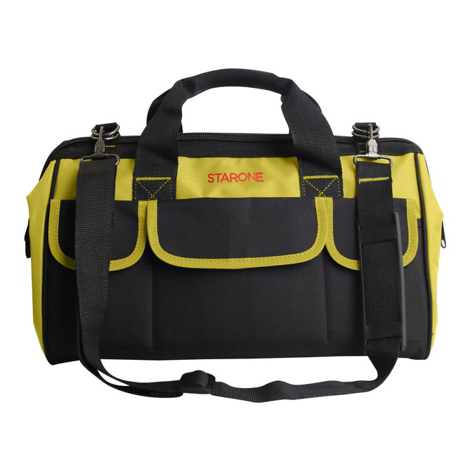 A black and yellow tool bag featuring multiple pockets and a detachable shoulder strap. It has a branding logo. A black and yellow tool bag featuring multiple pockets and a detachable shoulder strap. It has a branding logo.