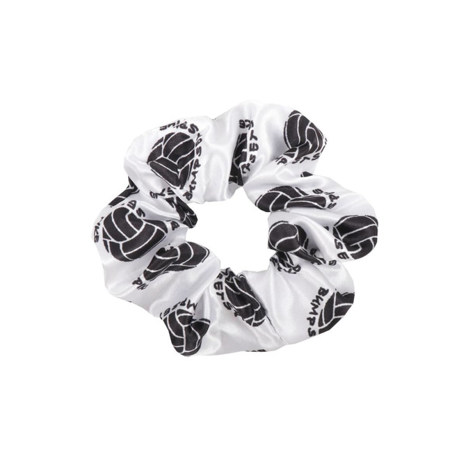 A white hair scrunchie with a black design and logo pattern throughout.