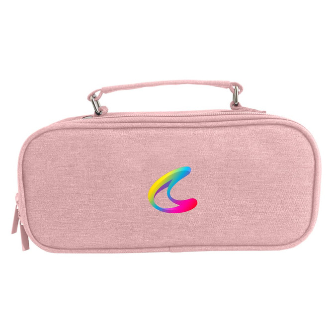 A pink pencil case with compartments and a handle, featuring a subtle logo on the front.