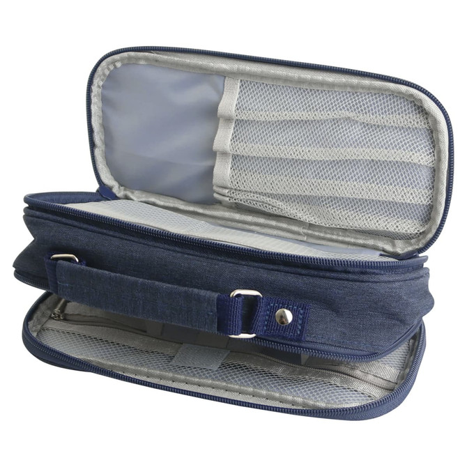 A navy pencil case with compartments and a handle, featuring a zip closure and mesh pockets inside.