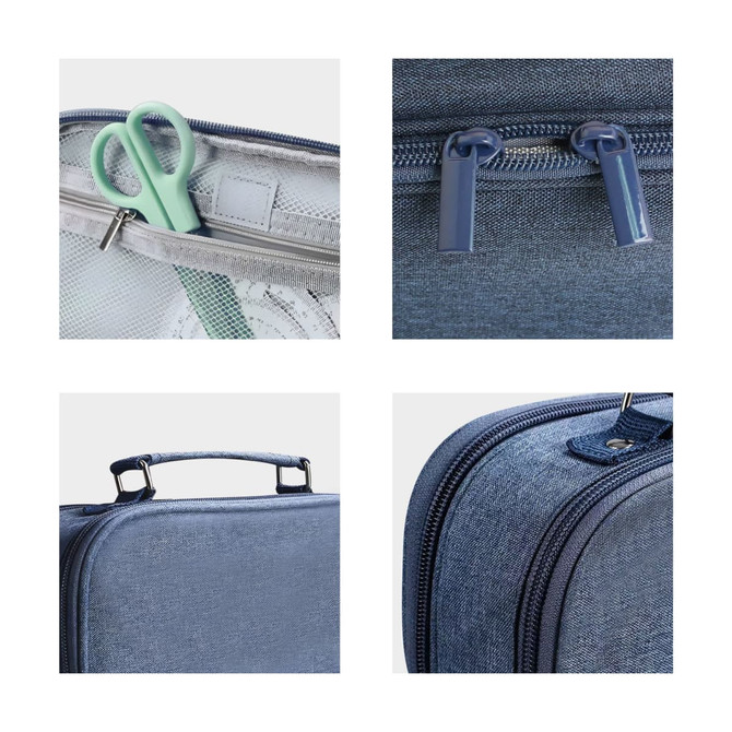 A blue pencil case featuring compartments, a handle, and contents including scissors. It has a zipped closure.