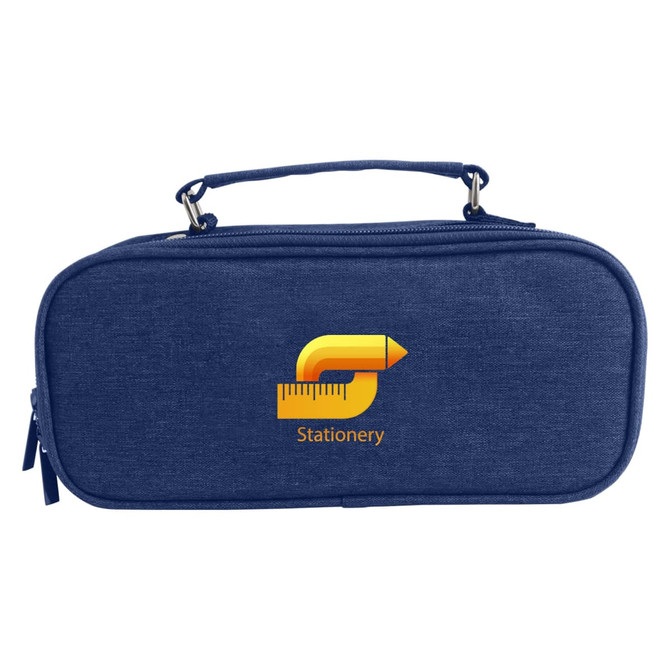 A navy pencil case with compartments and a handle, featuring a logo in the centre.