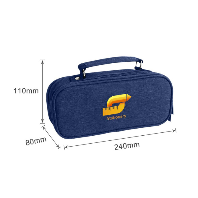 A navy pencil case with compartments and a handle, featuring a logo on the front. Dimensions are 240mm x 110mm x 80mm.
