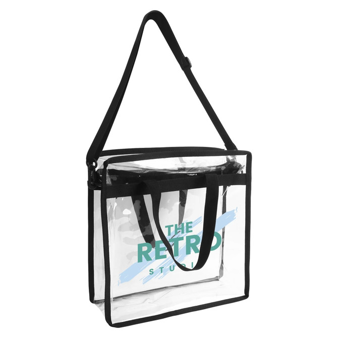 A clear tote bag with a black shoulder strap and handles, featuring a logo on the front. A clear tote bag with a black shoulder strap and handles, featuring a logo on the front.