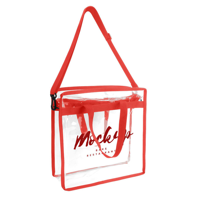 A clear tote bag with red straps and a logo, featuring a shoulder strap for easy carrying. A clear tote bag with red straps and a logo, featuring a shoulder strap for easy carrying.