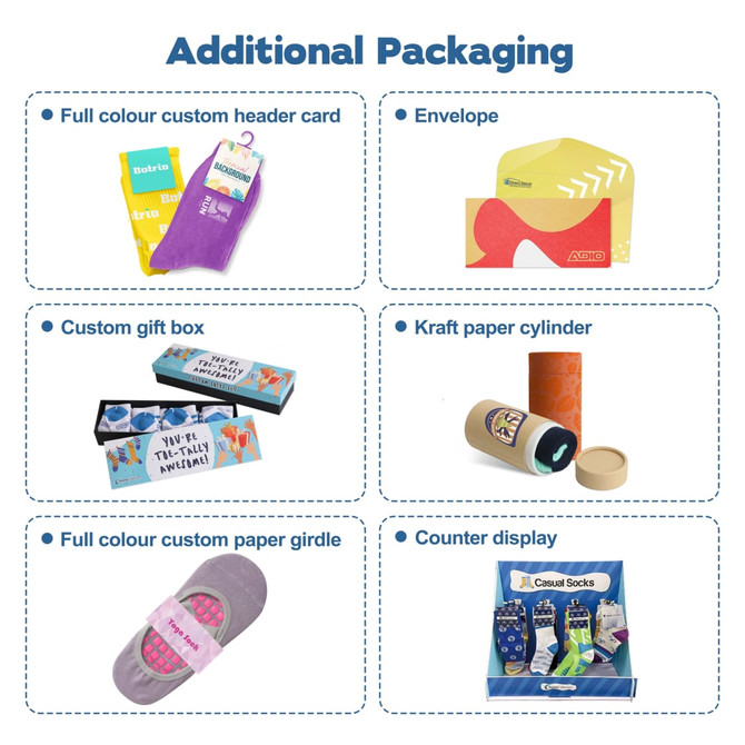 A collection of packaging designs, including colourful boxes, envelopes, and displays for socks.