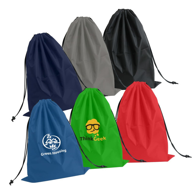 A set of six travel laundry bags in navy, grey, black, green, red, and blue, featuring various logos.