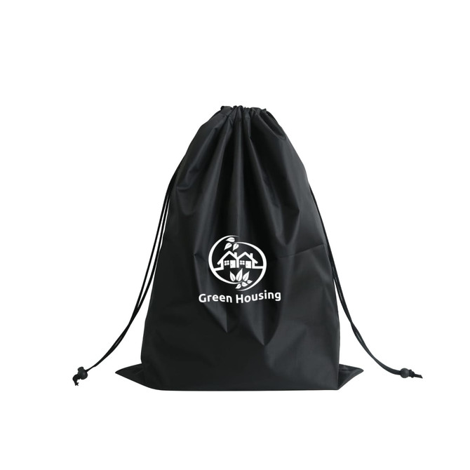 A black laundry bag featuring a drawstring closure and a logo on the front.
