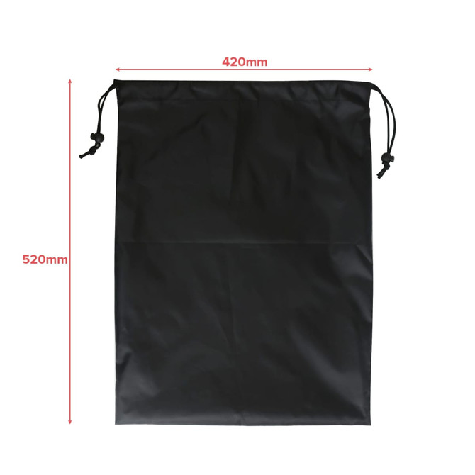 A black travel laundry bag with drawstring closure, measuring 420mm by 520mm. It features a logo.