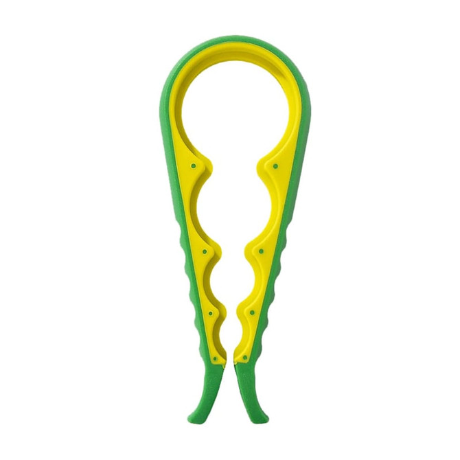 A multi-purpose jar opener featuring a green and yellow design, with a textured grip for easy handling.