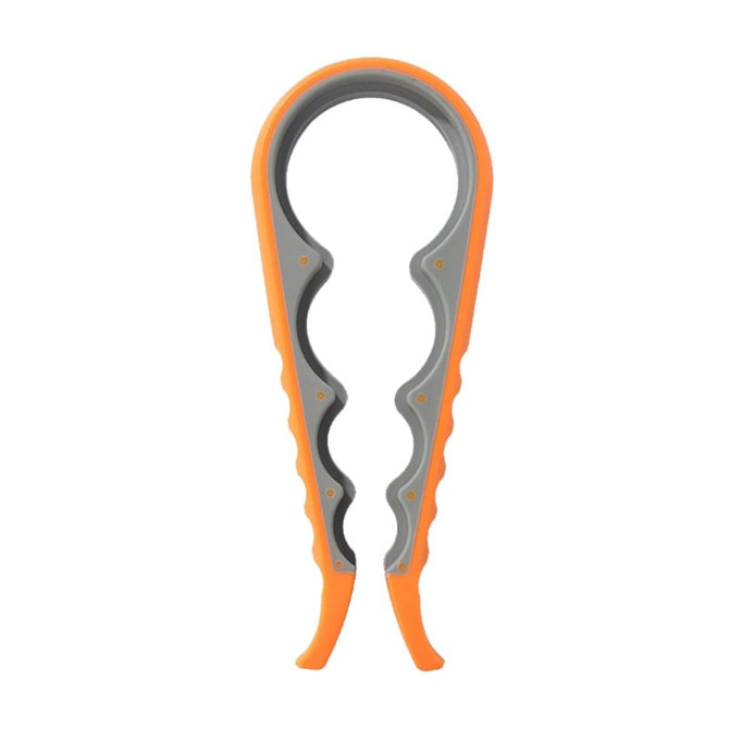 A multi-purpose jar opener in orange and grey, featuring a textured grip and a circular opening.
