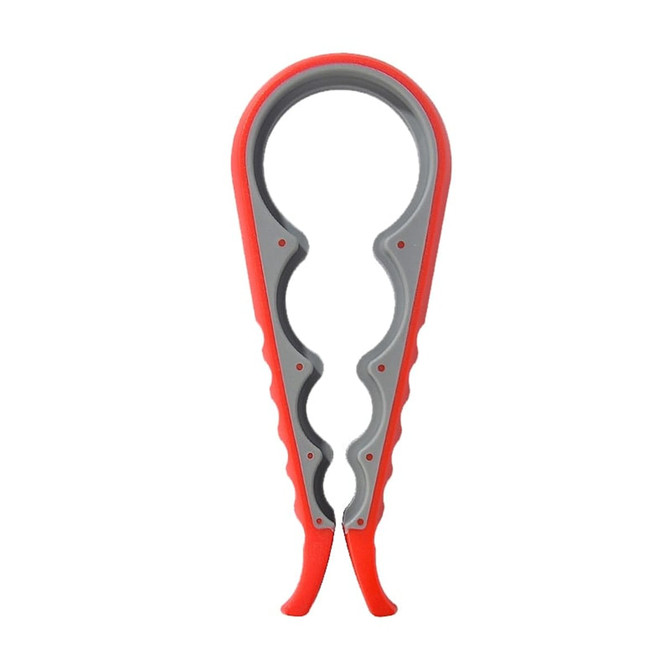 A multi-purpose jar opener in red and grey, featuring a textured grip for easy handling. It has a logo on the side.