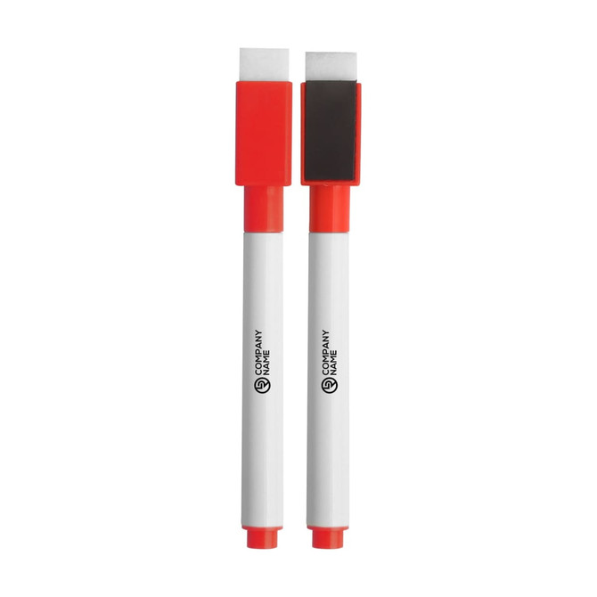 Two red and white magnetic whiteboard markers are displayed, each with a rectangular felt tip and an eraser end.