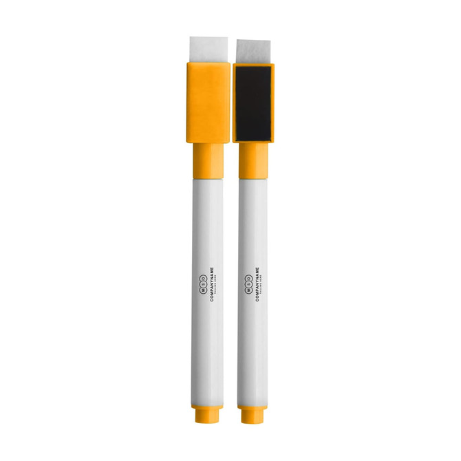 A set of two magnetic whiteboard markers with yellow caps and a flat tip, resting on a white surface.