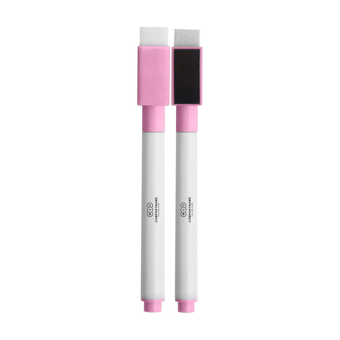 A set of magnetic whiteboard markers in white and pink, featuring a flat and pointed tip design.