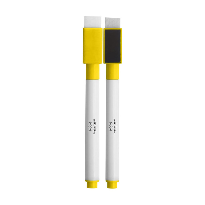 A set of two magnetic whiteboard markers with yellow caps and white bodies, featuring different nib styles.