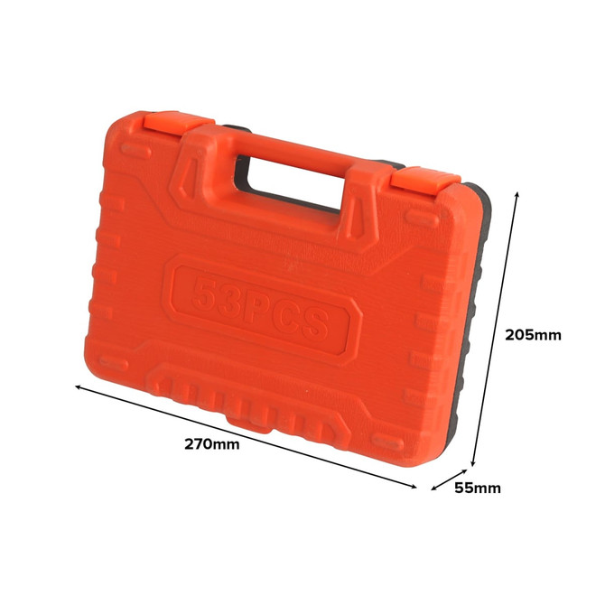 An orange mechanic socket set case with a handle, measuring 270mm x 205mm x 55mm, featuring a branding logo. An orange mechanic socket set case with a handle, measuring 270mm x 205mm x 55mm, featuring a branding logo.