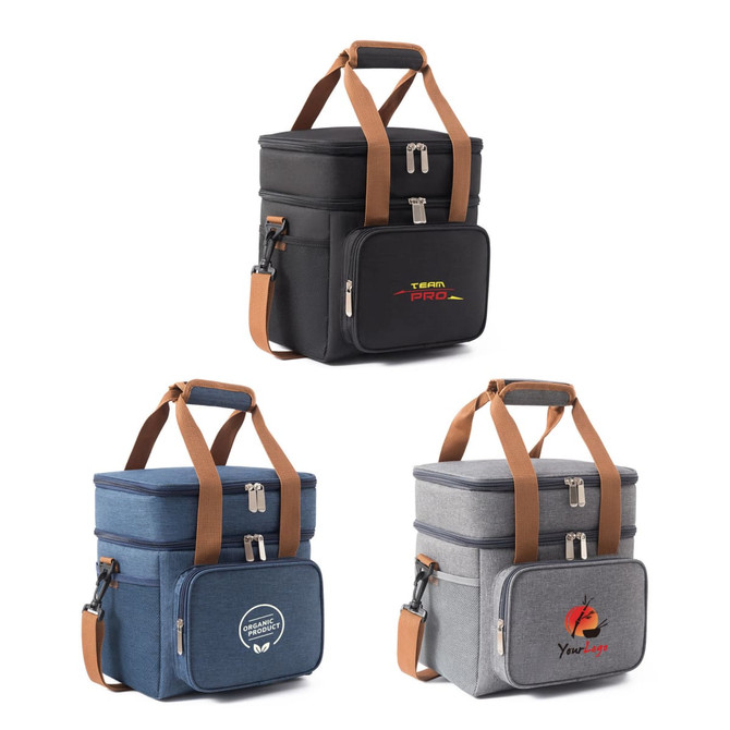 Three 10L cooler bags in black, blue, and grey, each with branded logos and brown straps.