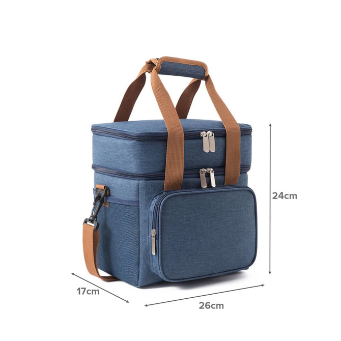 A blue 10L cooler bag with a main compartment and front zip pocket, featuring brown straps.