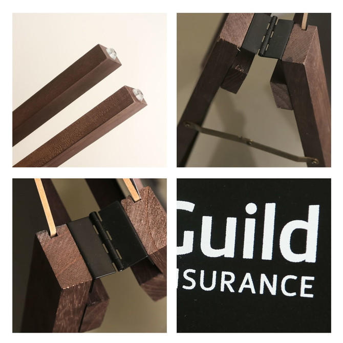 A-frame chalkboards in a dark brown wood finish, showcasing different angles and a metal hinge detail.