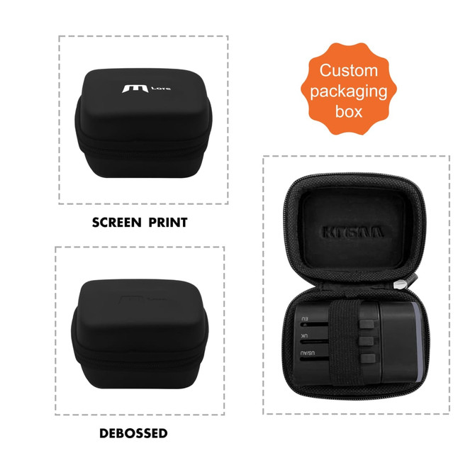 A black travel adapter in a zipped case, displayed with options for screen print and debossed branding.