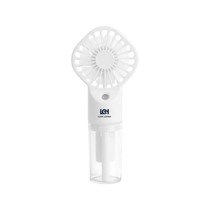A handheld spray fan in white featuring a fan head and a transparent water reservoir, with a logo on the base.