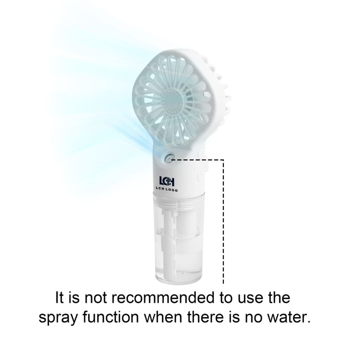 A handheld spray fan in white, featuring a fan at the top and a water reservoir at the bottom. It has a logo.