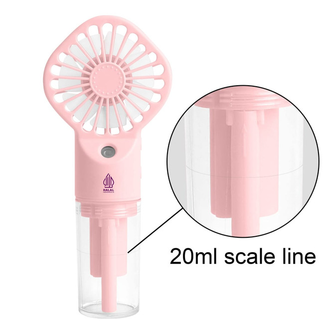A pink handheld spray fan with a transparent reservoir and a scale line, featuring a logo on the handle.