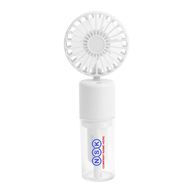 A white neck spray fan features a small fan on top of a clear bottle with a logo.