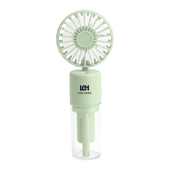 A mint green neck spray fan with a transparent container, featuring a circular fan on top and a logo.