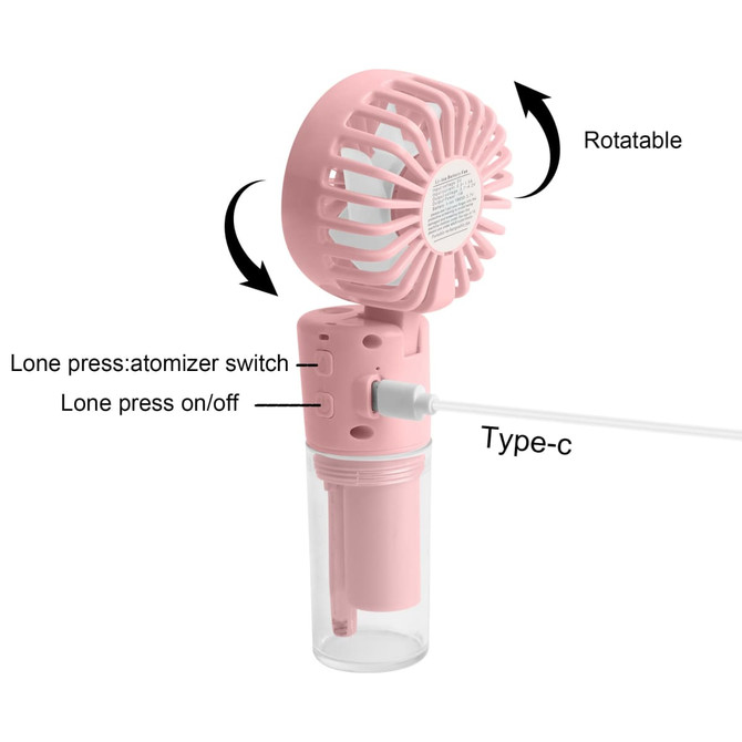 A pink neck spray fan with a rotatable design and a transparent water reservoir. It features a Type-C charging port.