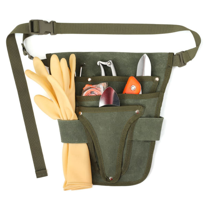 A green garden tool waist pouch with gloves, pruners, and various gardening tools. Features a strap and multiple pockets.