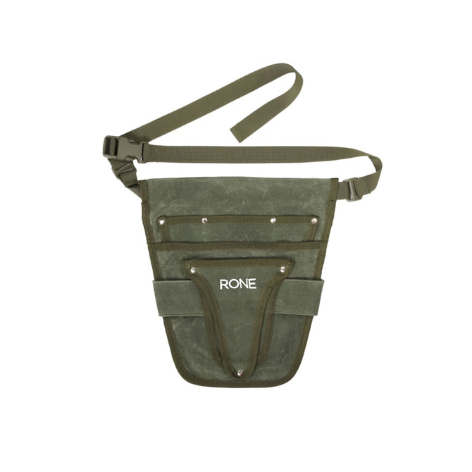 A green waist pouch featuring multiple pockets, a sturdy strap, and a logo on the front.