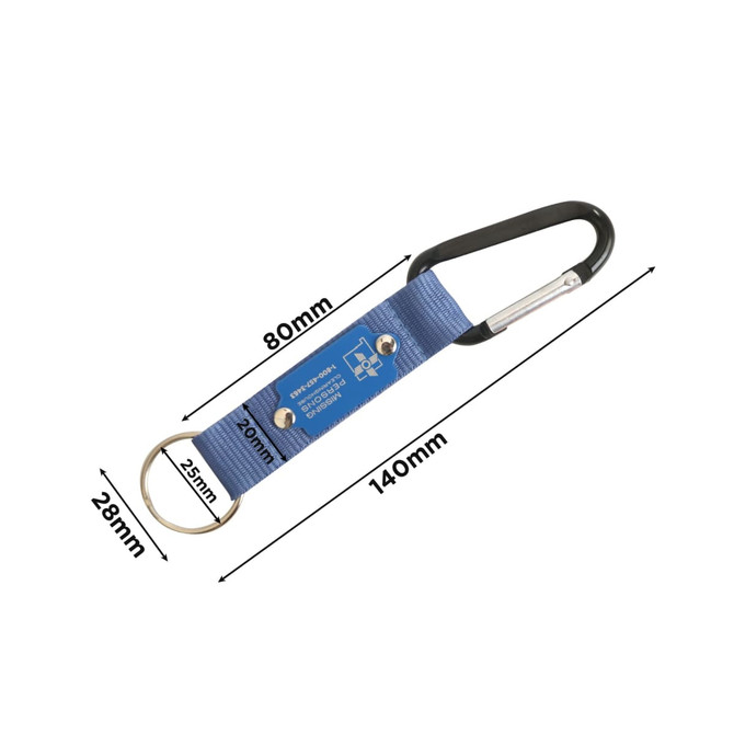 A blue carabiner keyring with a metal clip and a circular keyring, featuring a logo on the strap. A blue carabiner keyring with a metal clip and a circular keyring, featuring a logo on the strap.