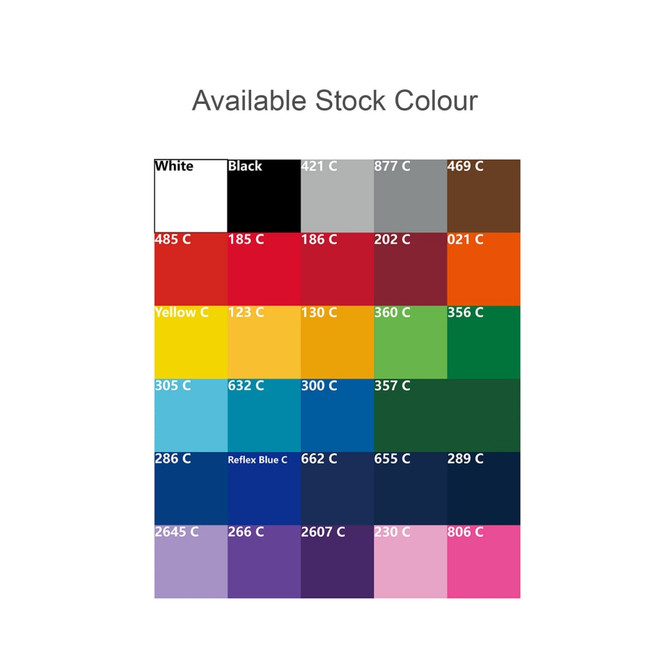 A selection of colour swatches for promotional products, including white, black, red, yellow, green, and blue options.