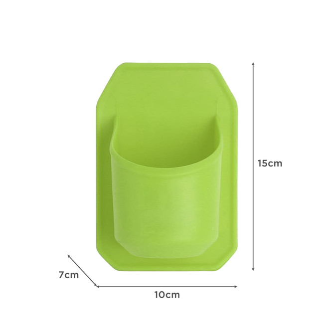 A green silicone shower stubby holder with a cup-shaped design and dimensions of 15cm by 10cm.