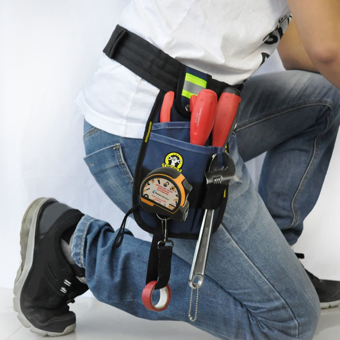A portable tool waist pouch in black and yellow, equipped with tools like screwdrivers, a tape measure, and a utility knife.