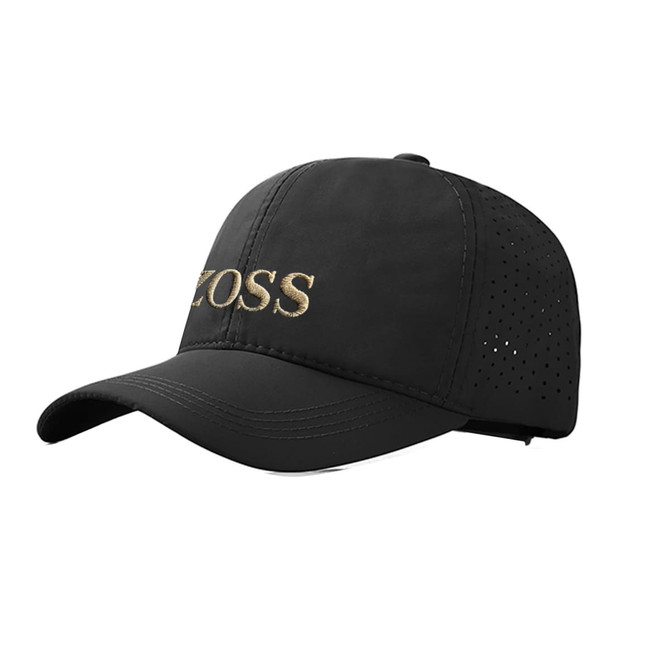 A black quick-drying cap with perforated panels and an embroidered logo on the front.