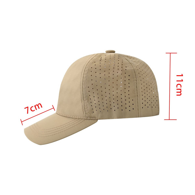 A beige cap with perforated detailing, featuring a curved brim and a button on top. Includes dimensions of 11cm height and 7cm depth.