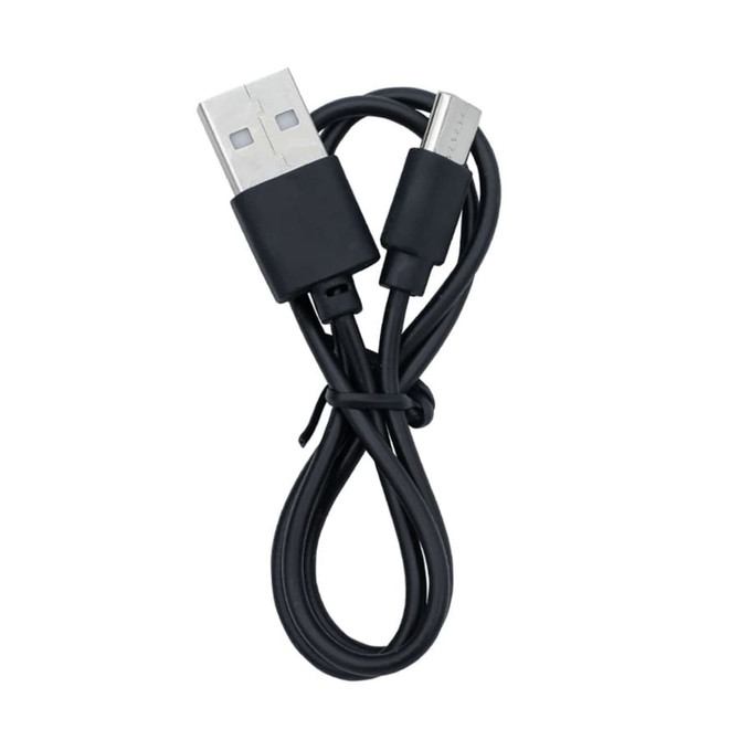 A black USB cable with USB-A and USB-Micro connectors, coiled for easy storage.