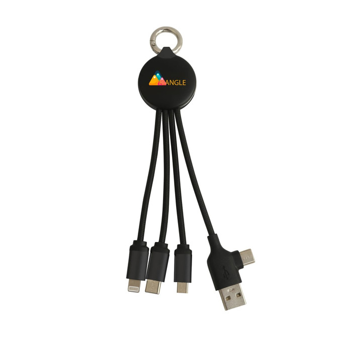 A round-shaped, black multi charging cable with multiple connectors and a keyring attachment. It features a logo. A round-shaped, black multi charging cable with multiple connectors and a keyring attachment. It features a logo.