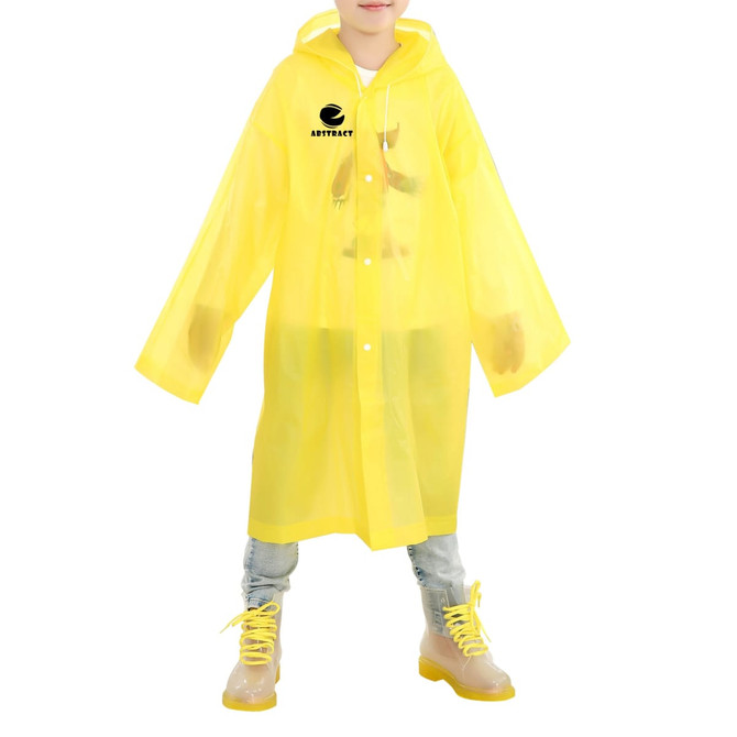 A yellow reusable raincoat suitable for kids, featuring a hood and oversized sleeves, with a logo displayed. A yellow reusable raincoat suitable for kids, featuring a hood and oversized sleeves, with a logo displayed.