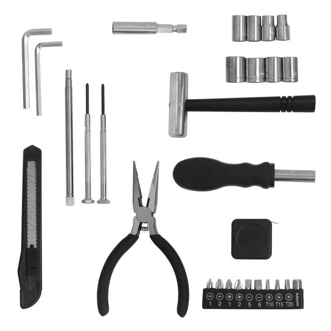 A truck-shaped toolkit featuring various silver tools including sockets, screwdrivers, pliers, and an assortment of bits. A truck-shaped toolkit featuring various silver tools including sockets, screwdrivers, pliers, and an assortment of bits.
