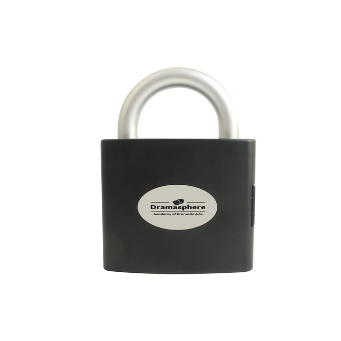 A padlock-shaped toolkit in black with a silver handle, featuring a logo on the front. A padlock-shaped toolkit in black with a silver handle, featuring a logo on the front.