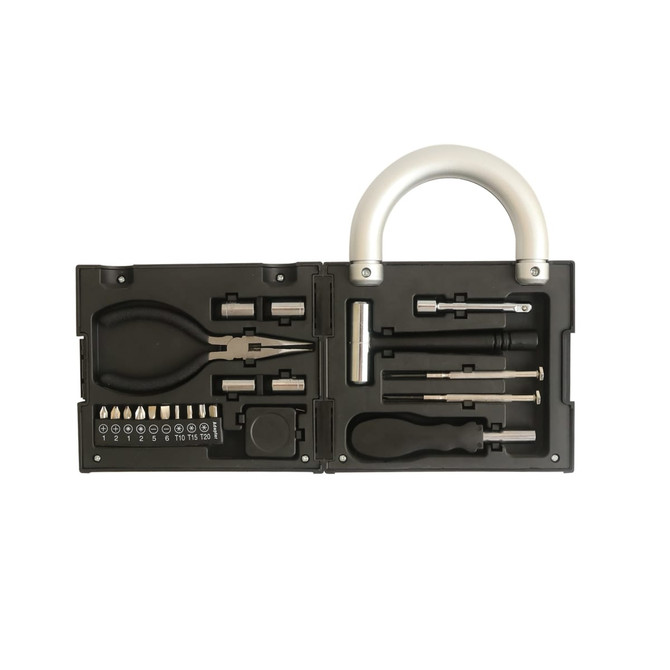A padlock-shaped toolkit in black and silver, featuring various tools, including pliers and screwdrivers, in a compact case. A padlock-shaped toolkit in black and silver, featuring various tools, including pliers and screwdrivers, in a compact case.